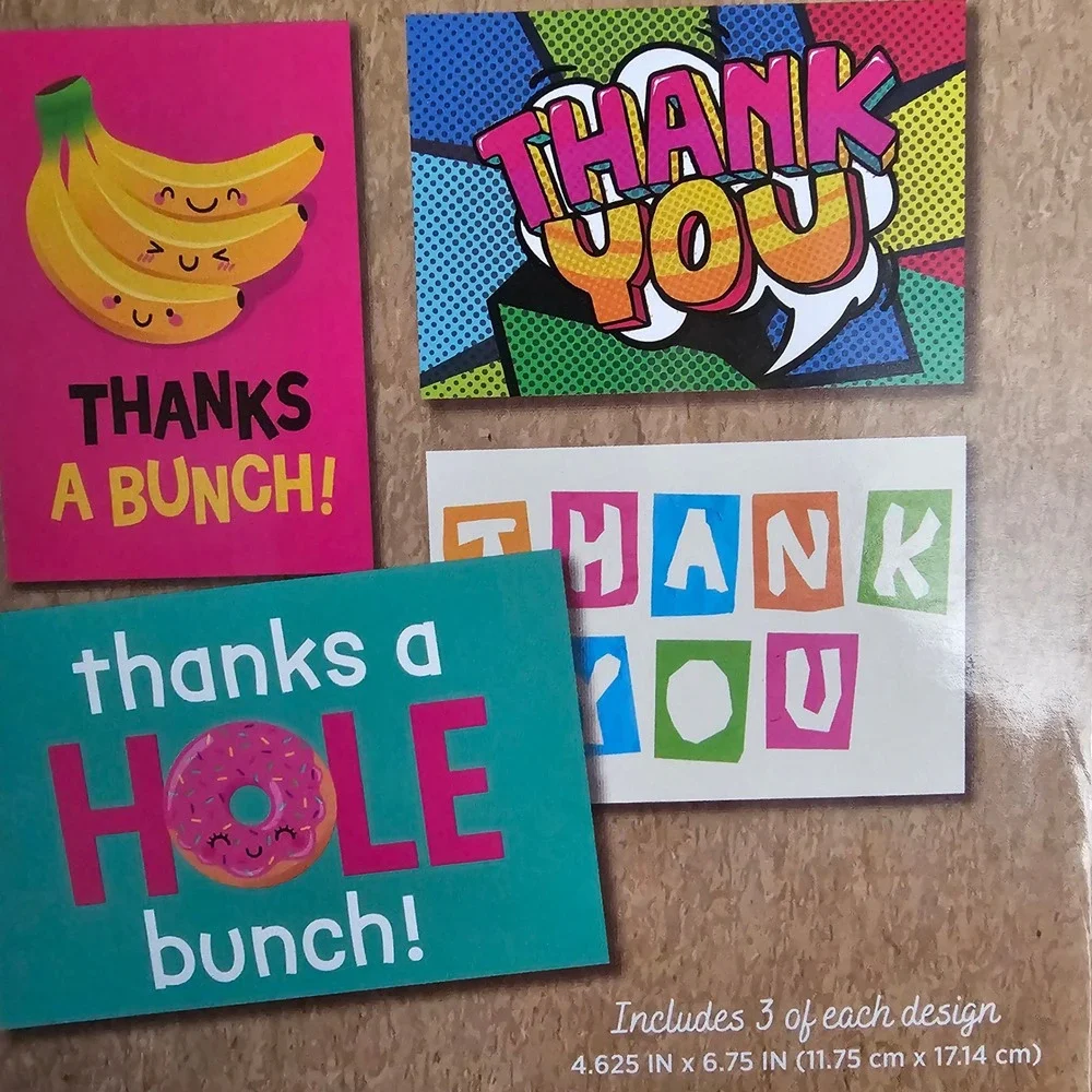 Boxed Thank You Card Set 12 Count 4 Assorted Designs Punny Pop Art Bananas Donut